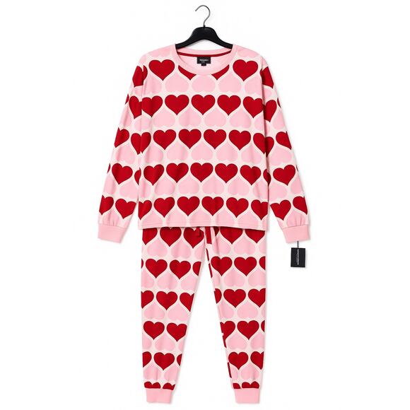 NWT Kate Spade Heart Print velour Pajama Set Small Pink Red Long Sleeve Joggers - Picture 2 of 15